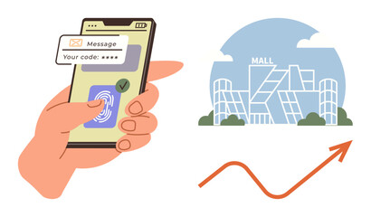 Hand holding phone with code and fingerprint authentication, mall in the background, growth arrow. Ideal for technology, e-commerce, security, retail, fintech, data privacy simple flat metaphor