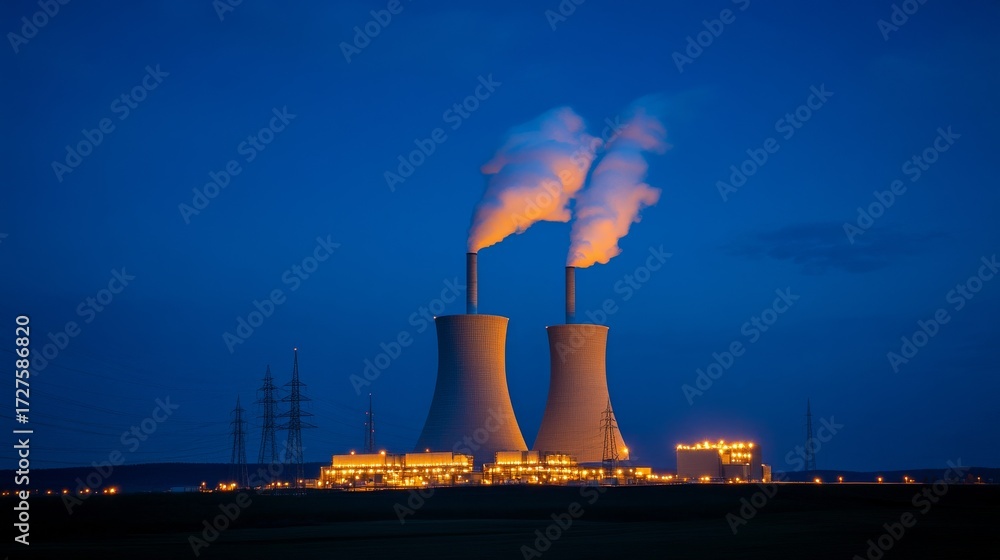 Night View Nuclear Plant with Cooling Towers and Glowing Steam, Energy ...