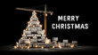 © Dirk - crane on construction site stacking concrete blocks, shape of Christmas tree, Christmas theme in construction industry. Christmas tree, decorated with construction lights. Merry Christmas. Poster, ban