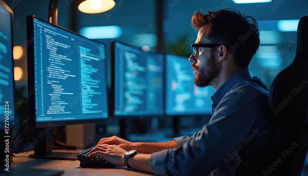 Man works on computer with code on monitors. Programmer types on ...