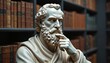 © Viktor - Marble bust of ancient man in library setting. Thinker pose implies deep thought and contemplation of knowledge. Represents wisdom, reason, and inquiry.