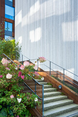 Apartment façades with landscaped urban gardens in Stockholm, reflecting sustainable living and Scandinavian design while offering visual balance of architecture and greenery