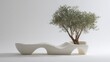 © Newleks - White concrete bench with a fluid, organic shape gracefully integrating an olive tree planter, showcasing a minimalist and sculptural design for modern outdoor seating