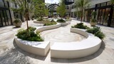 Contemporary urban plaza with curved built in benches, lush planters and young trees creating a sleek, accessible public gathering space for relaxation and outdoor city life