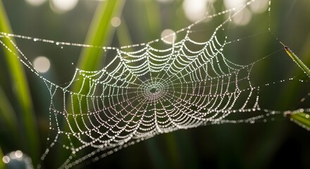 Spider Web with Water droplets: A glistening spider web is woven between green blades of grass, each strand adorned with a shimmering droplet, revealing the delicate craftsmanship of nature's design.