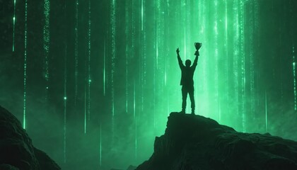 Person celebrates victory holding trophy on cliff edge. Digital rain of binary code descends from bright green light above. Achievement in virtual cyberspace.