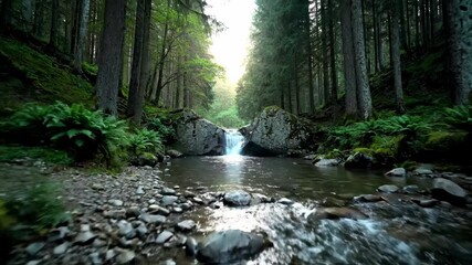 Wall Mural - Panning Tracking Shot of a Serene Forest Stream Leading to a Hidden Waterfall at Dawn tracking, woodland, forest