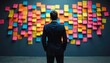 © Viktor - Man in suit faces wall of colorful sticky notes. Businessman plans ideas, brainstorms, organizes thoughts for project strategy. Professional faces challenge, makes decisions.