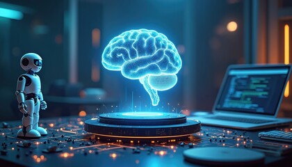 Robot and glowing human brain hologram symbolize AI future. Laptop with code shows tech progress. Digital innovation merges man and machine.