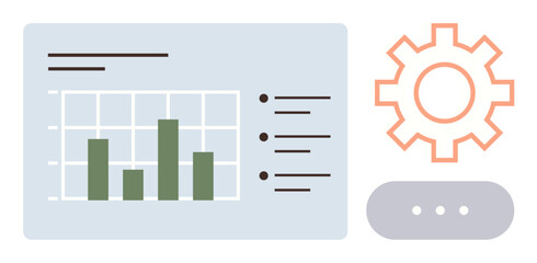 Bar chart inside dashboard, gear icon for settings, and menu button for navigation. Ideal for data analysis, management, productivity, development, process overview technology business. Simple flat