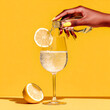 © Concept Photo Studio - Main de femme versant de l'eu dans un verre a pied d'eau pétillant avec demi citron