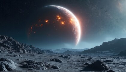 Wall Mural - Rocky alien planet surface with glowing volcanic activity on distant planet. Vast alien landscape under starry sky. Space exploration scene with celestial body.