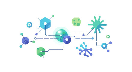 Abstract Interconnected Network of Blue and Green Scientific Nodes.