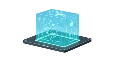 Holographic Cube Display on a Black Platform Futuristic Technology.