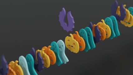 Playful 3d abstract background of colorful flat Halloween icons arranged in line, each symbol rising in sequence to create rhythmic motion over dark mysterious backdrop