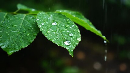 Wall Mural - Macro close-up of raindrops gently falling on green leaves in a moody, overcast forest setting tranquil, wilderness, atmospheric
