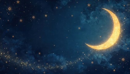 Wall Mural - Golden crescent moon and sparkling stars fill a dark blue night sky with clouds. A celestial cosmic scene creates a magical dreamy atmosphere. Fantasy element for design projects.