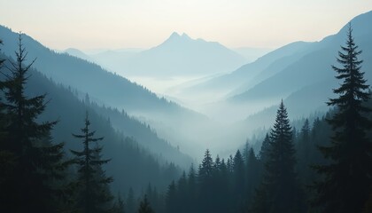 Naklejka na meble Misty valley at sunrise with evergreen trees and layered mountains receding into soft blue haze. Calm, quiet, peaceful dawn over forest landscape. Serene nature background.
