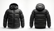 © Viktor - Black hooded puffer jacket front and back view isolated on white. Warm winter coat with zip, suitable for ski and outdoor activities. Fashionable outerwear for cold weather.
