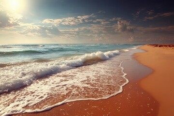 Wall Mural - Stunning view of a sandy beach with gentle waves under a cloudy sky during golden hour