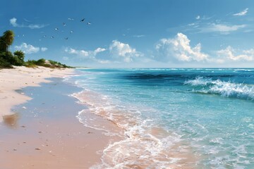 Wall Mural - Relaxing at a colorful clean beach island with gentle waves, clear blue skies, and lush palm trees during a bright sunny day