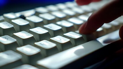 Close-up of fingers typing on a white backlit keyboard in a dark room, digital technology concept