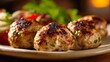 © Tatiane - Albanian Qofte positioned isolated on a neutral ceramic plate, grilled meatballs as the highlight, golden and white lighting emphasizing texture