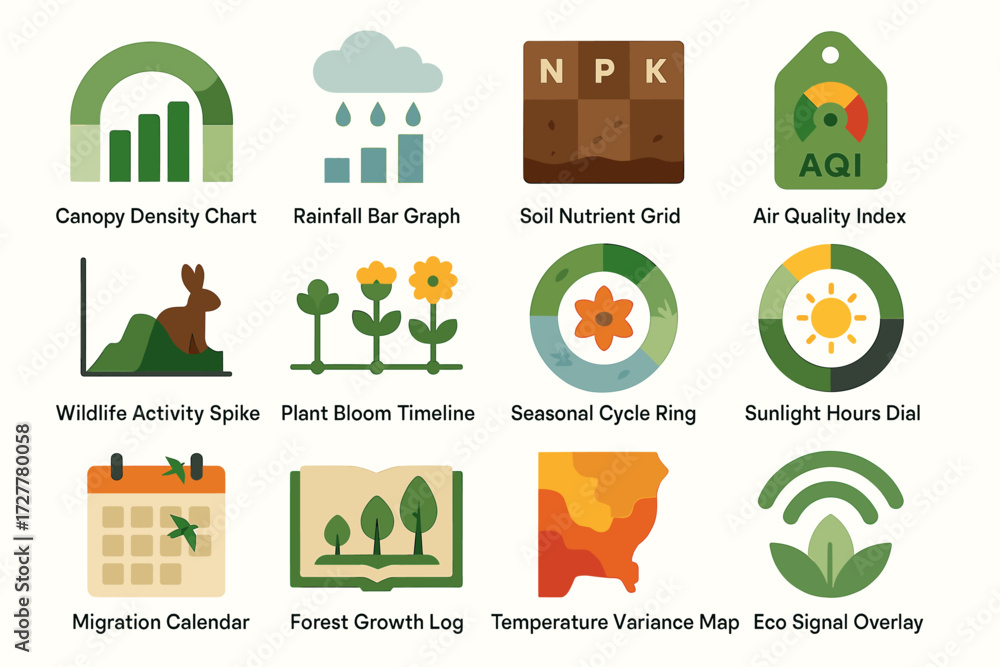 Environmental data icons: charts, graphs, and indicators for ecological ...