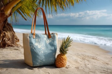 Wall Mural - Stylish summer vacation accessories bag placed on sandy beach near tropical sea with a fresh pineapple during bright sunny day