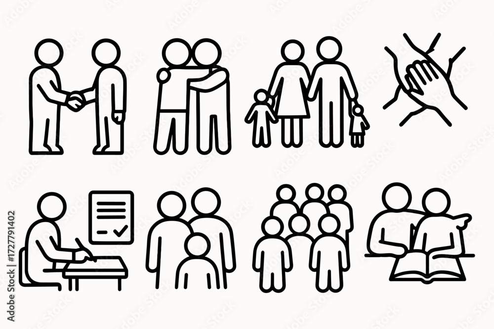 Unity and Collaboration Icons. Situations icons in outline style ...