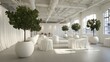 © putri - A spacious, minimalist event venue adorned with large round planters holding verdant trees, highlighted by elegant white table settings.