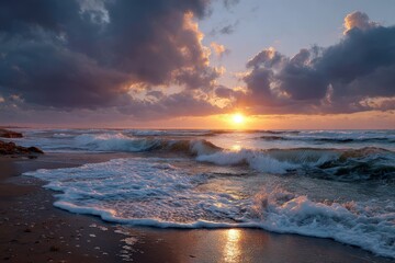 Wall Mural - Stunning coastal sunset with vibrant waves lapping against the shore, reflecting golden hues in the evening sky near the horizon at the beach