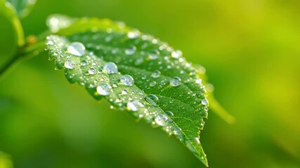 Wall Mural - Extreme Close-Up of Sparkling Dew Drops on a Vibrant Green Leaf, Gently Swaying in Soft Morning Light with Shallow Depth of Field purity, outdoor, dew