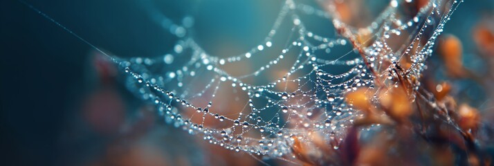Spider web with water droplets on it. The web is blue and orange