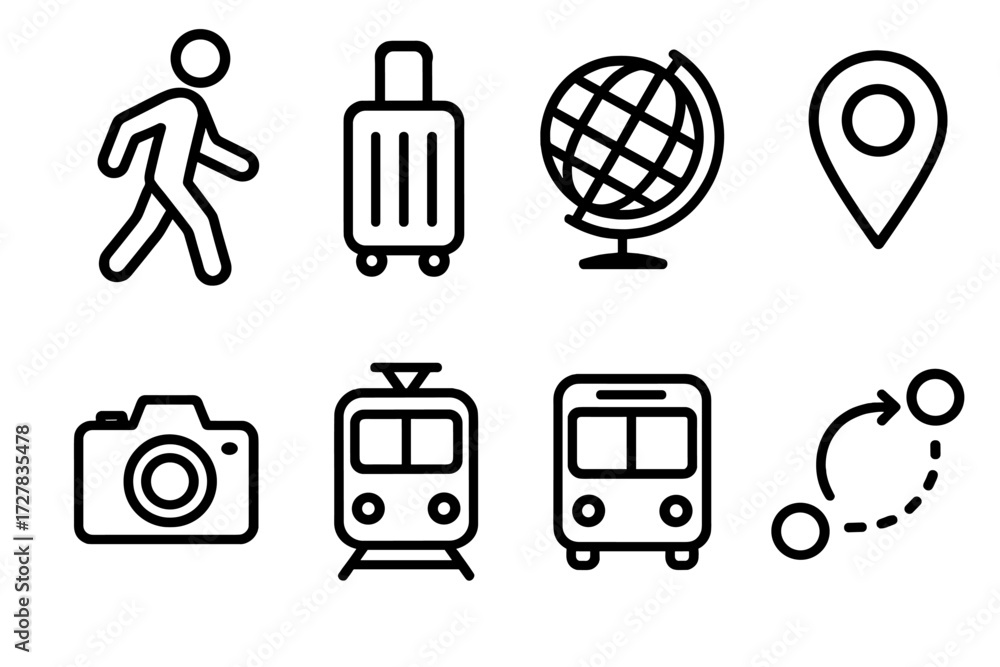 Walk In Tour Icon Travel Icon Set. Travel walk icons in outline style: walking pose ...