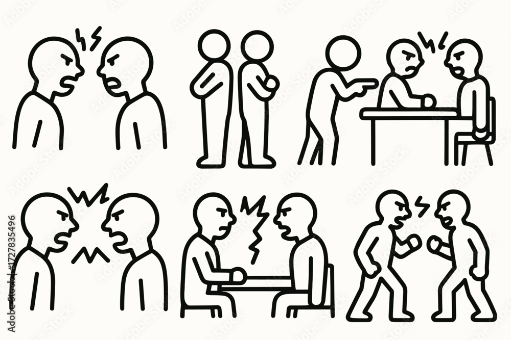 Heated Argument Icons. Situations icons in outline style: two people ...