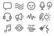 © Crank - Diverse Voice Icons. Voice symbols icons in outline style: speech bubble, soft wave, calm face, microphone, headset, megaphone, sound wave, gentle