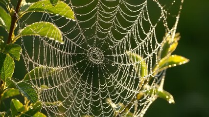 Sparkling Morning Dew Drops Illuminate Intricate Spiderweb Pattern on Green Foliage.