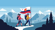 © PojokMillennials - Two hikers, a man and a woman, trek along a mountain path carrying backpacks and a Colorado flag, with snowy peaks in the background.