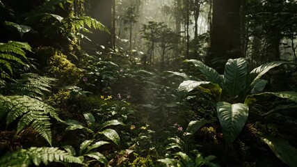 Wall Mural - Dappled light and shadows dance across the rainforest undergrowth, a peaceful and detailed ground-level timelapse details, organic, lush