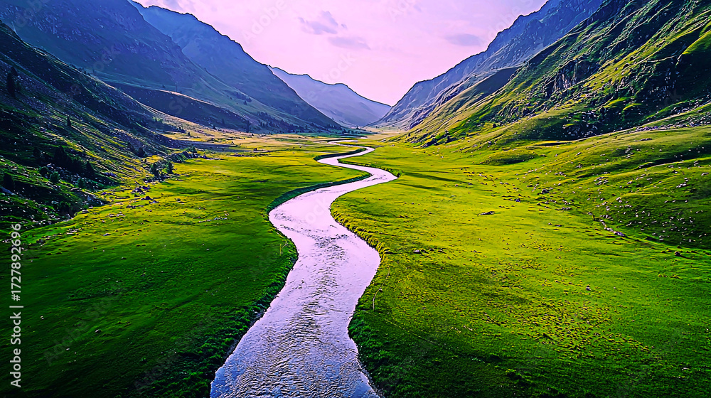 AI Generated - River running through a lush green valley with mountains ...