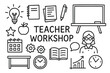 © Настя Шевчук - Teacher Workshop Icons. Hand-drawn doodle illustration teacher workshop ideas light bulb, notebook, paper sheets, pen, chalkboard, apple, star, gears, speech