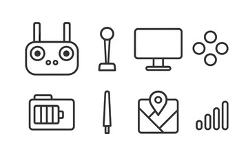 Drone Control Icons. Outline icon set of drone control equipment: handheld remote, joystick, display screen, control buttons, battery indicator, antenna, GPS