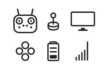 Drone Control Icons. Outline icon set of drone control equipment: handheld remote, joystick, display screen, control buttons, battery indicator, antenna, GPS
