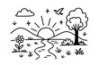 © Настя Шевчук - Sunset Valley Doodle. Hand-drawn doodle illustration Sunset in the Valley sun, cloud, silhouette tree, bird flying, glow lines, flower, path, stream, soft