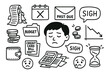 © Влада Яковенко - Finance Struggles Doodle. Hand-drawn doodle illustration personal finance struggles tired face, receipt mountain, budget folder, calendar with X, past due