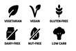 © Coosh448 - Dietary Preference Icons. Solid, filled icon set of menu dietary preferences: vegetarian, vegan, gluten-free, dairy-free, nut-free, low carb, paleo, kosher.
