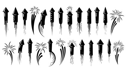 Celebrate with dynamic firework rocket silhouettes exploding in vibrant bursts, perfect for festive occasions and joyful events.