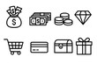 © Svitlana - Symbols of Wealth. Outline icon set of excess and desire: overflowing money bag, stacks of cash, gold coins, diamond, shopping cart, credit card, treasure