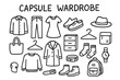 © Coosh448 - Capsule Wardrobe Doodles. Hand-drawn doodle illustration Capsule wardrobe concept [shirt, pants, dress, shoes, sneakers, tote bag, hanger, drawer, hat,